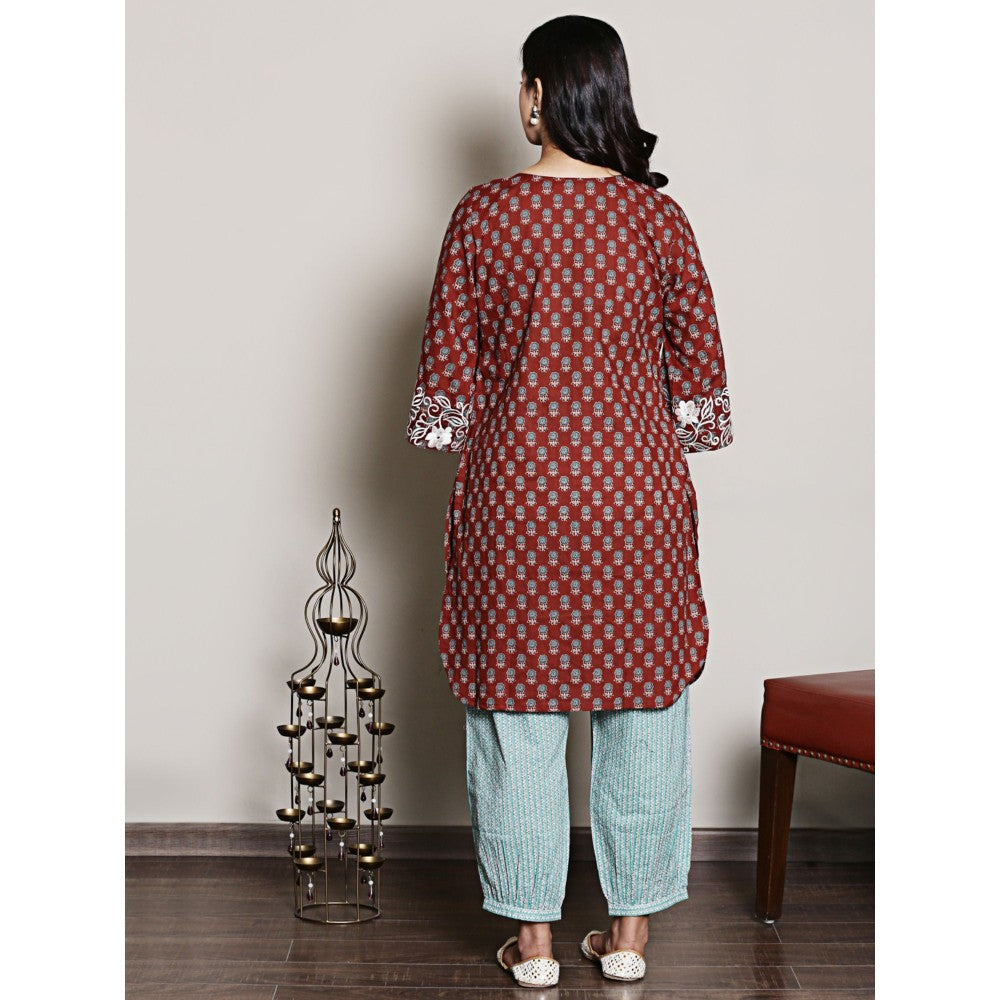 Spring Soul Maroon Embroidered Block Printed Kurta with Harem Pant (Set of 2)