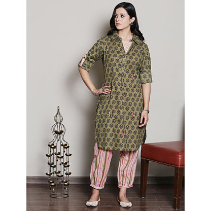 Spring Soul Block Printed Olive Green Embroidery Kurta and Harem Pant (Set of 2)
