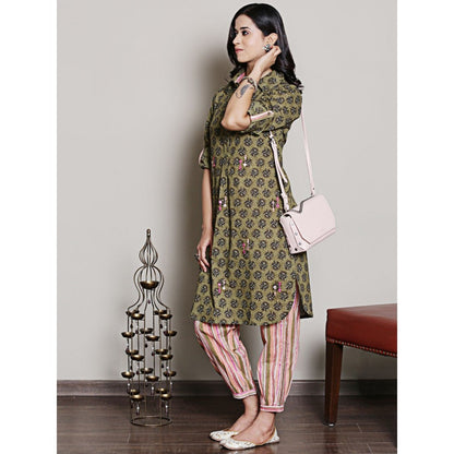 Spring Soul Block Printed Olive Green Embroidery Kurta and Harem Pant (Set of 2)