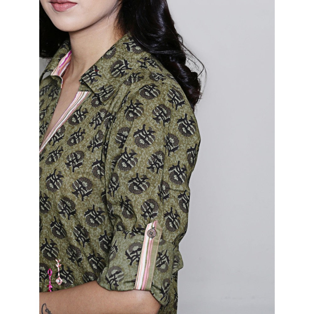 Spring Soul Block Printed Olive Green Embroidery Kurta and Harem Pant (Set of 2)