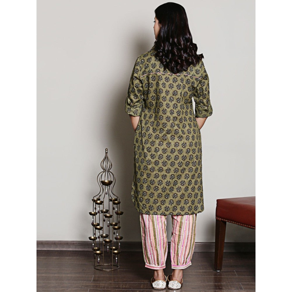Spring Soul Block Printed Olive Green Embroidery Kurta and Harem Pant (Set of 2)
