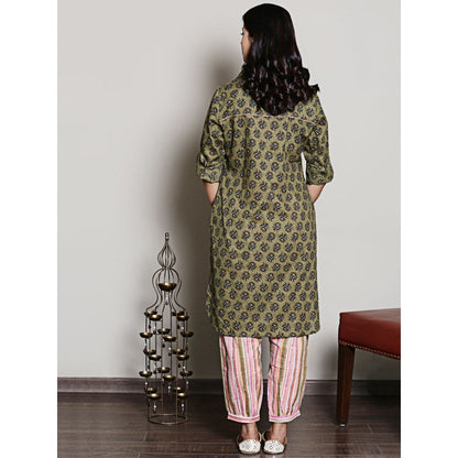 Spring Soul Block Printed Olive Green Embroidery Kurta and Harem Pant (Set of 2)