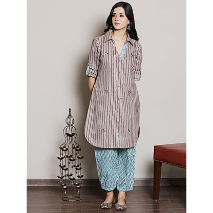 Spring Soul Block Printed Brown Embroidery and Collar Detailing Kurta and Harem Pant (Set of 2)