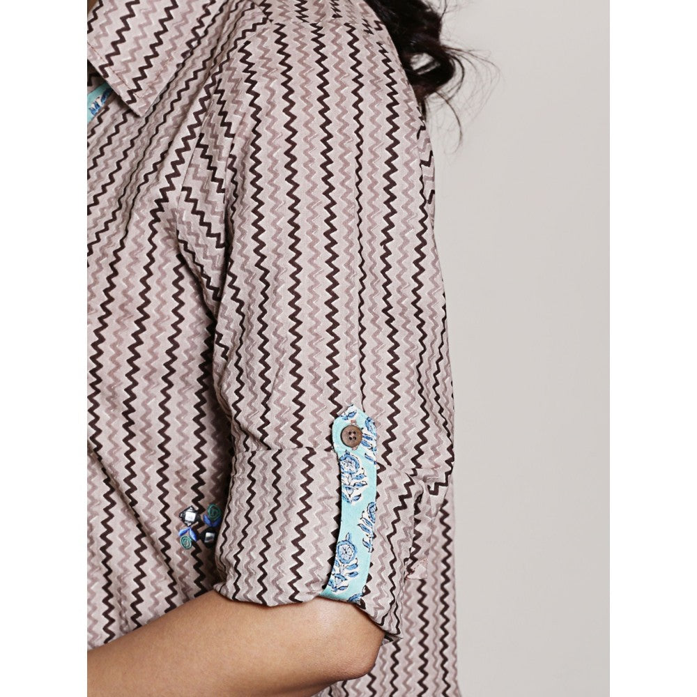 Spring Soul Block Printed Brown Embroidery and Collar Detailing Kurta and Harem Pant (Set of 2)