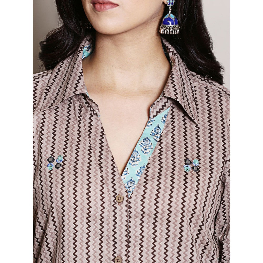 Spring Soul Block Printed Brown Embroidery and Collar Detailing Kurta and Harem Pant (Set of 2)