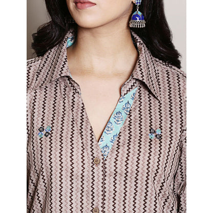 Spring Soul Block Printed Brown Embroidery and Collar Detailing Kurta and Harem Pant (Set of 2)