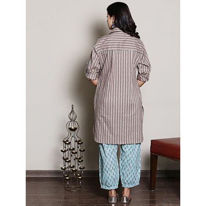 Spring Soul Block Printed Brown Embroidery and Collar Detailing Kurta and Harem Pant (Set of 2)