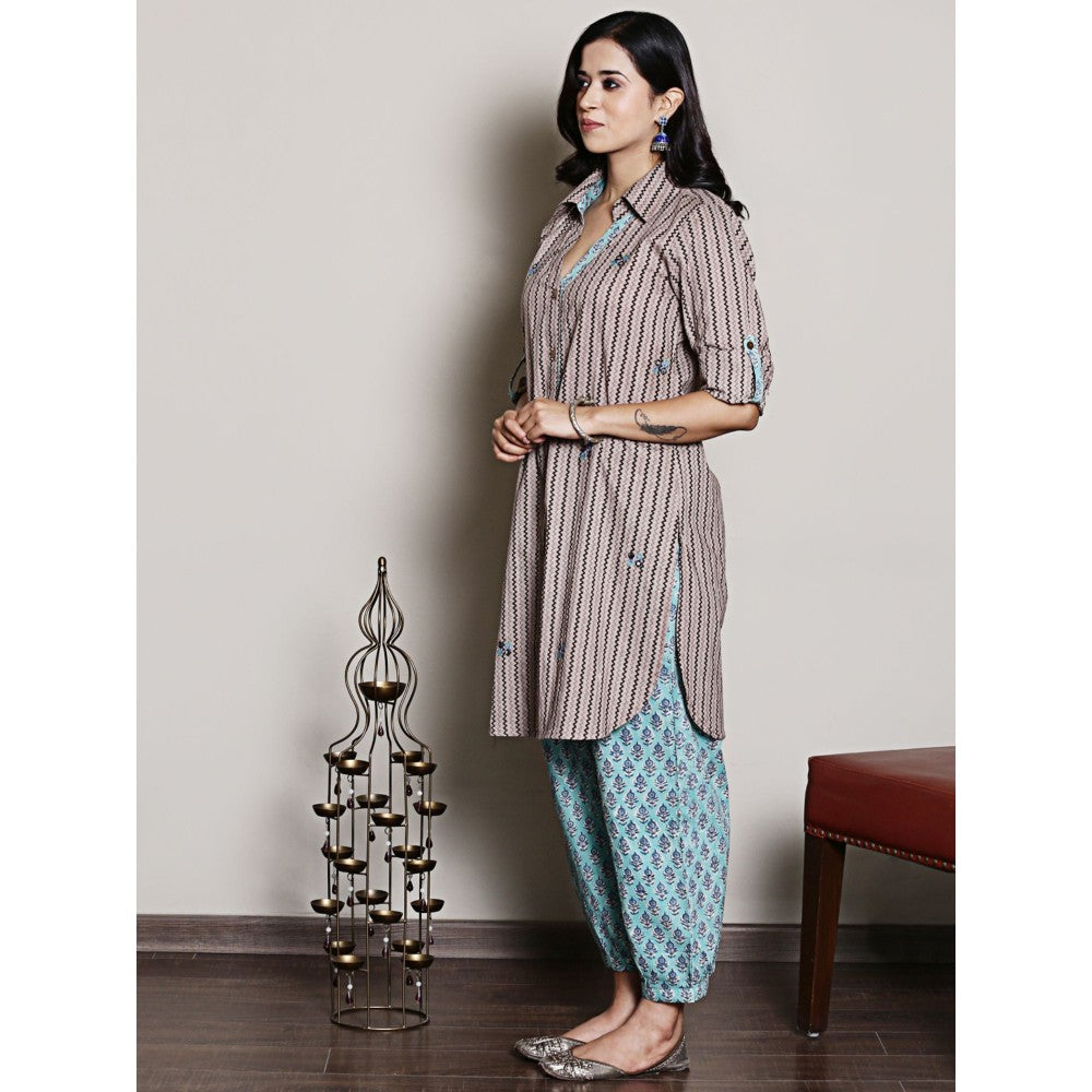 Spring Soul Block Printed Brown Embroidery and Collar Detailing Kurta and Harem Pant (Set of 2)