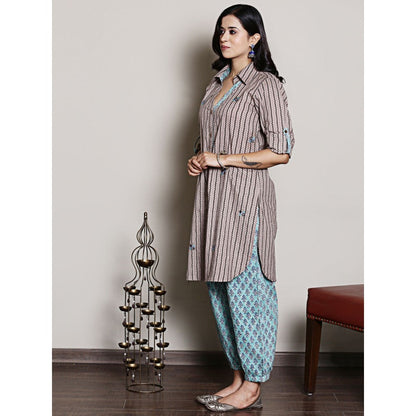 Spring Soul Block Printed Brown Embroidery and Collar Detailing Kurta and Harem Pant (Set of 2)