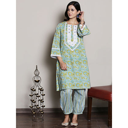 Spring Soul Block Printed Green Lace Detailing Kurta and Harem Pant (Set of 2)