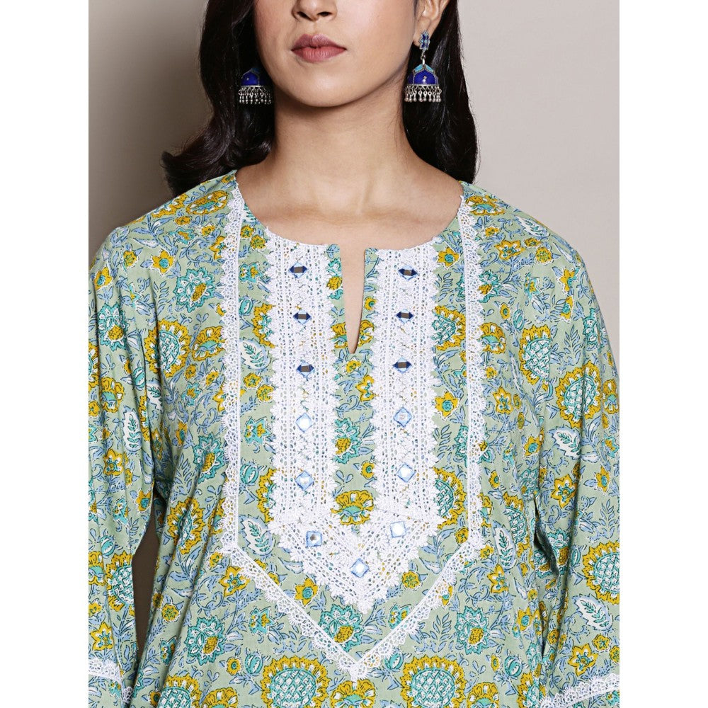 Spring Soul Block Printed Green Lace Detailing Kurta and Harem Pant (Set of 2)