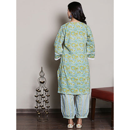 Spring Soul Block Printed Green Lace Detailing Kurta and Harem Pant (Set of 2)