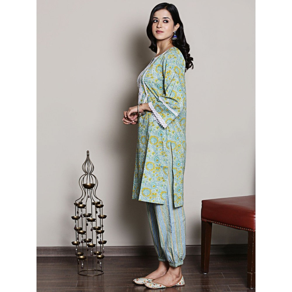 Spring Soul Block Printed Green Lace Detailing Kurta and Harem Pant (Set of 2)