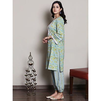 Spring Soul Block Printed Green Lace Detailing Kurta and Harem Pant (Set of 2)
