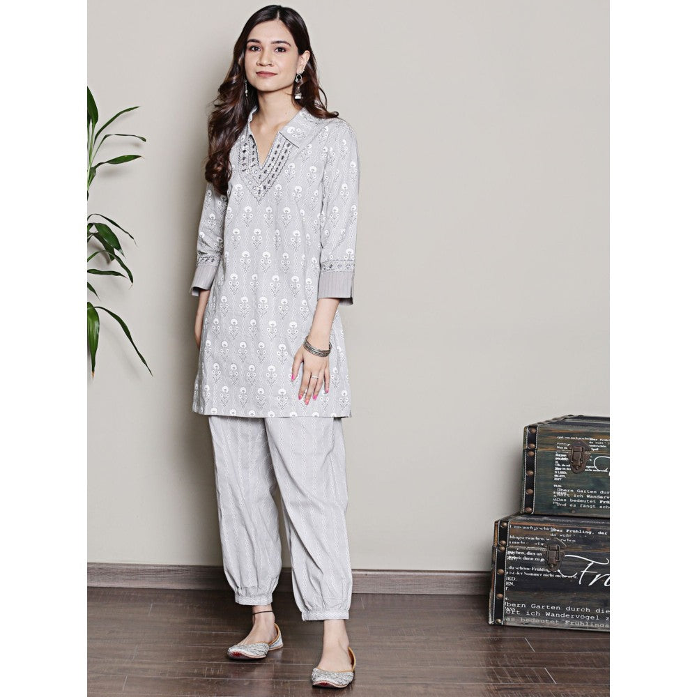Spring Soul Grey Block Printed with Neck Embroidery Kurta and Harem Pant (Set of 2)