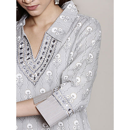 Spring Soul Grey Block Printed with Neck Embroidery Kurta and Harem Pant (Set of 2)
