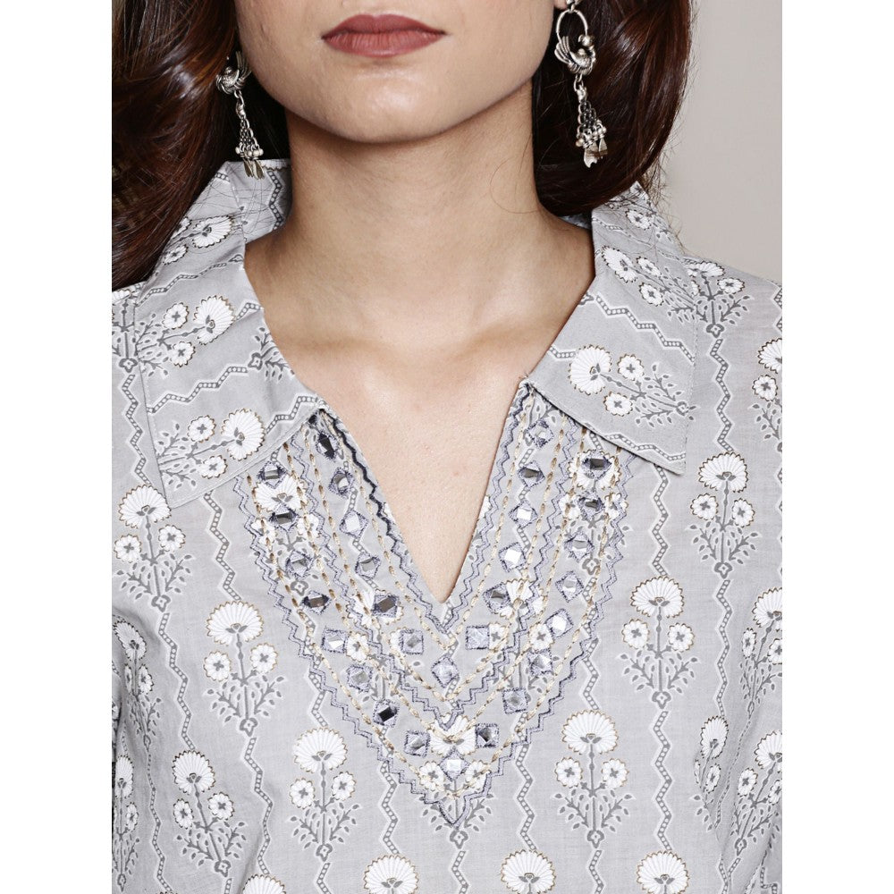 Spring Soul Grey Block Printed with Neck Embroidery Kurta and Harem Pant (Set of 2)