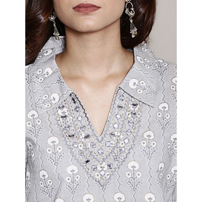 Spring Soul Grey Block Printed with Neck Embroidery Kurta and Harem Pant (Set of 2)