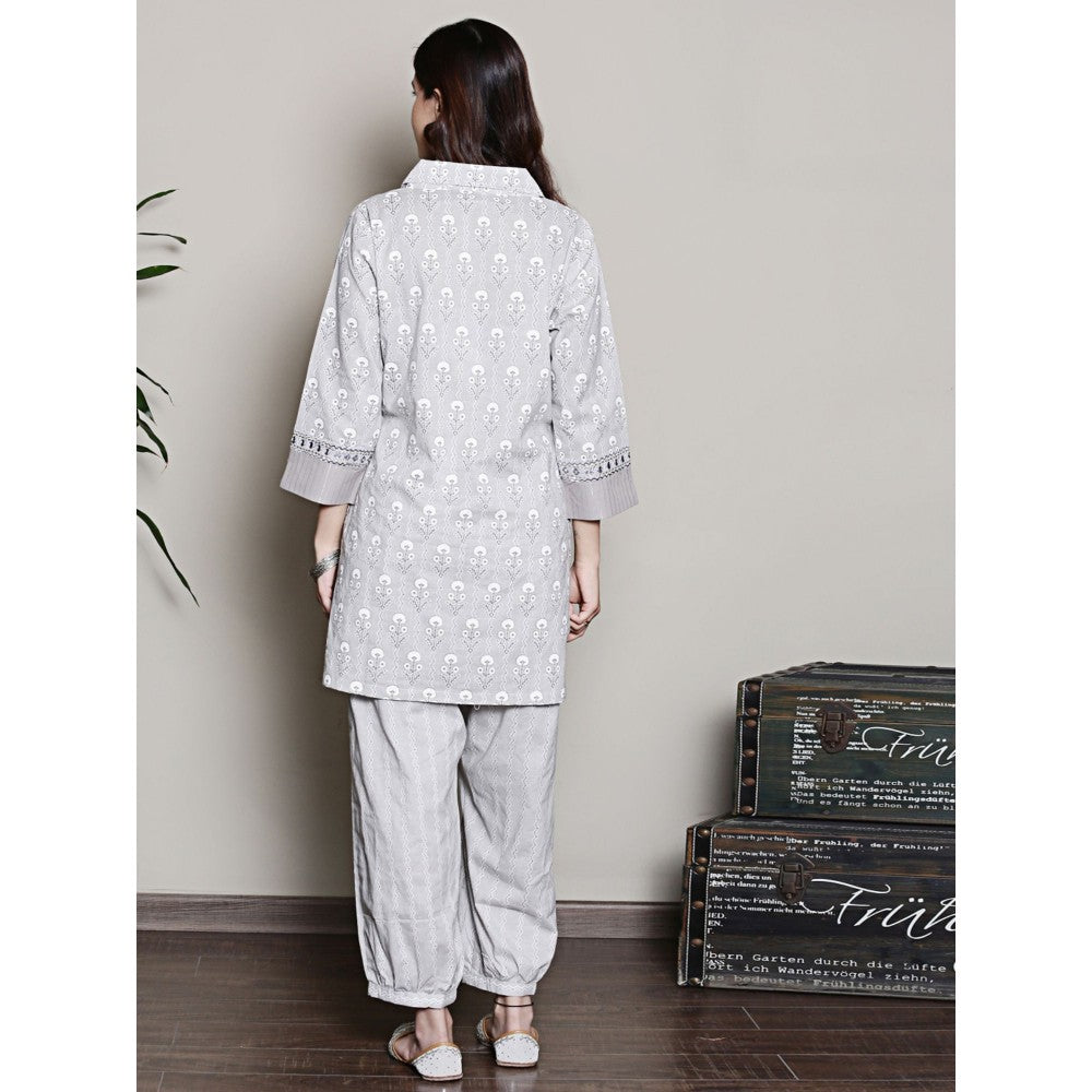 Spring Soul Grey Block Printed with Neck Embroidery Kurta and Harem Pant (Set of 2)