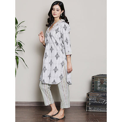 Spring Soul Printed Grey V-Neck Kurta with Pant (Set of 2)