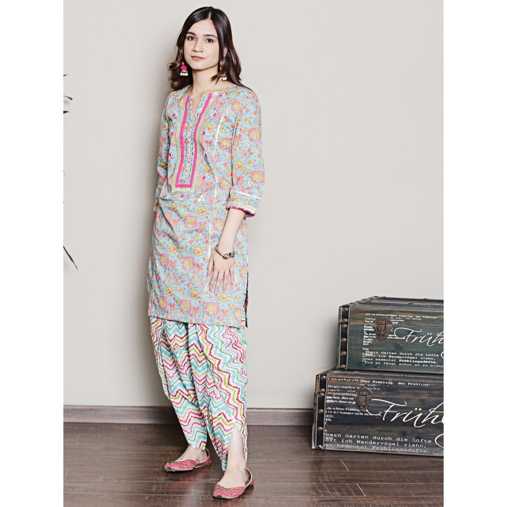 Spring Soul Floral Printed Blue Gota & Mirrorwork Kurta and Dhoti Pant (Set of 2)