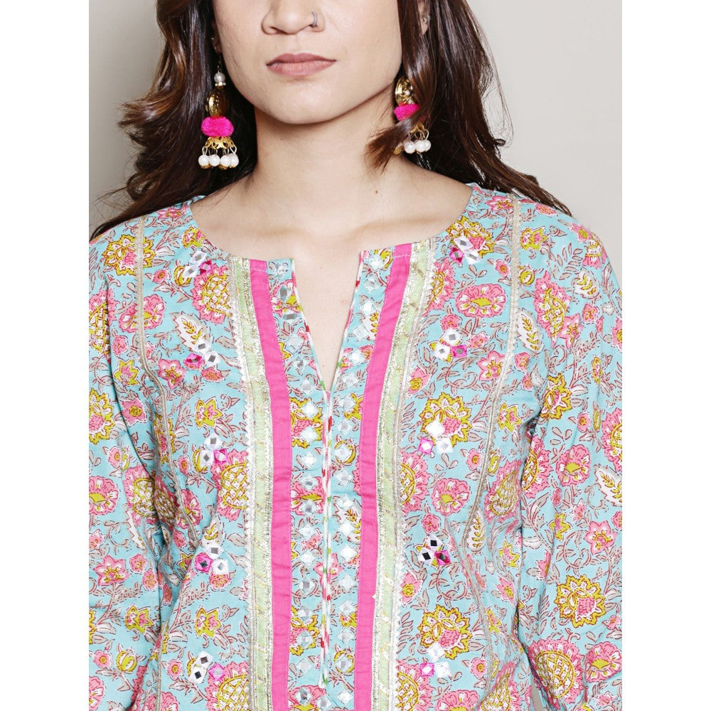 Spring Soul Floral Printed Blue Gota & Mirrorwork Kurta and Dhoti Pant (Set of 2)