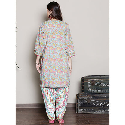 Spring Soul Floral Printed Blue Gota & Mirrorwork Kurta and Dhoti Pant (Set of 2)