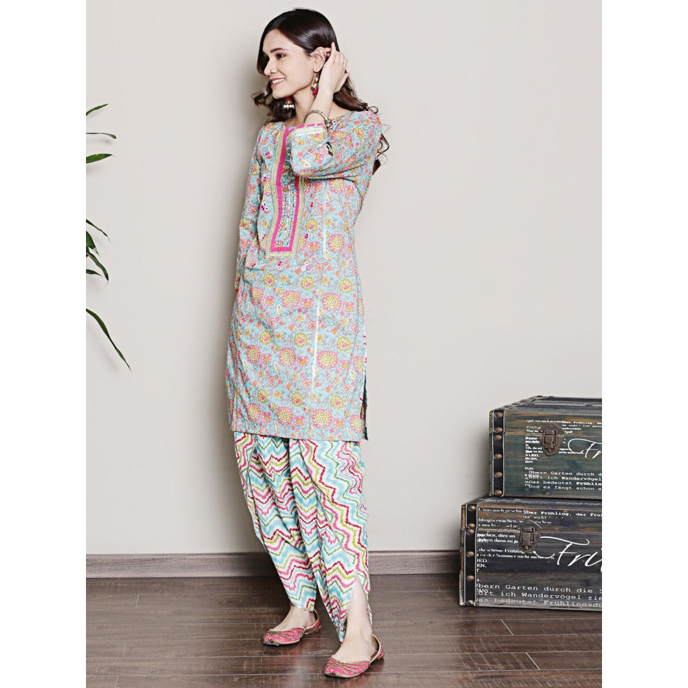 Spring Soul Floral Printed Blue Gota & Mirrorwork Kurta and Dhoti Pant (Set of 2)