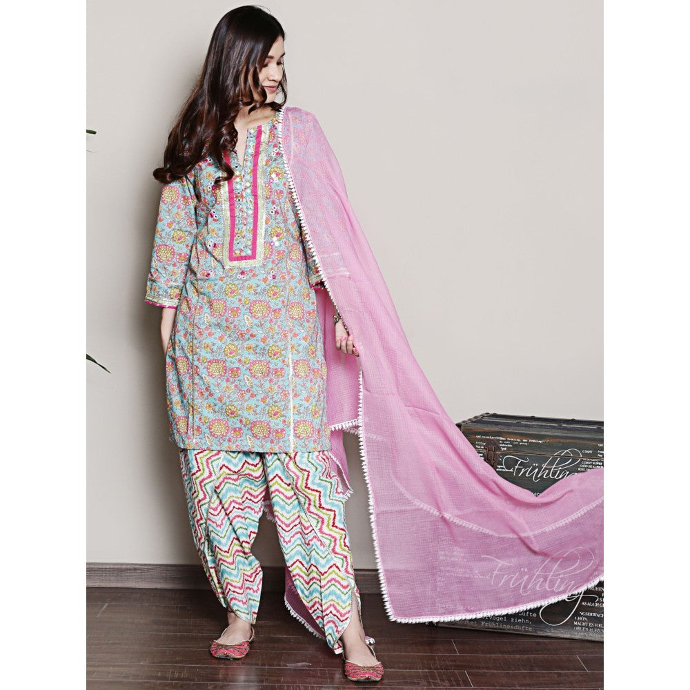 Spring Soul Floral Printed Blue Gota Mirrorwork Kurta Dhoti Pant and Dupatta (Set of 3)