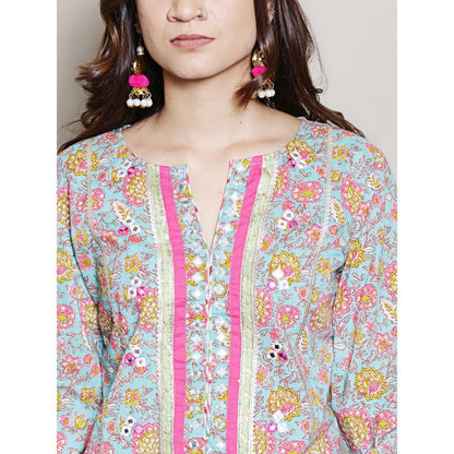 Spring Soul Floral Printed Blue Gota Mirrorwork Kurta Dhoti Pant and Dupatta (Set of 3)