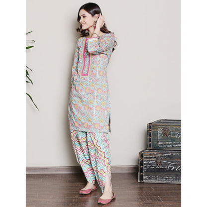 Spring Soul Floral Printed Blue Gota Mirrorwork Kurta Dhoti Pant and Dupatta (Set of 3)