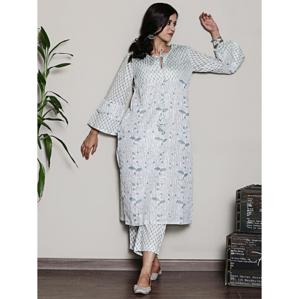 Spring Soul Floral Printed White Lurex Kurta with Pant (Set of 2)