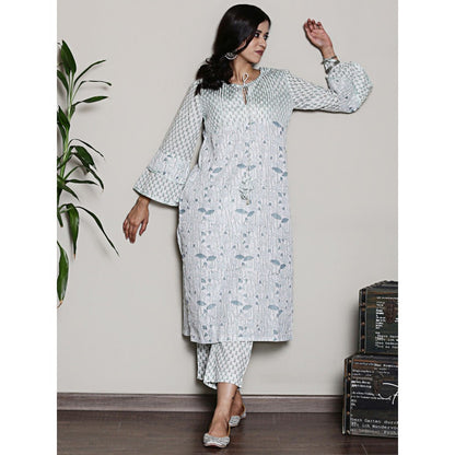 Spring Soul Floral Printed White Lurex Kurta with Pant (Set of 2)