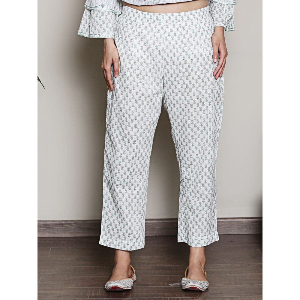 Spring Soul Floral Printed White Lurex Kurta with Pant (Set of 2)