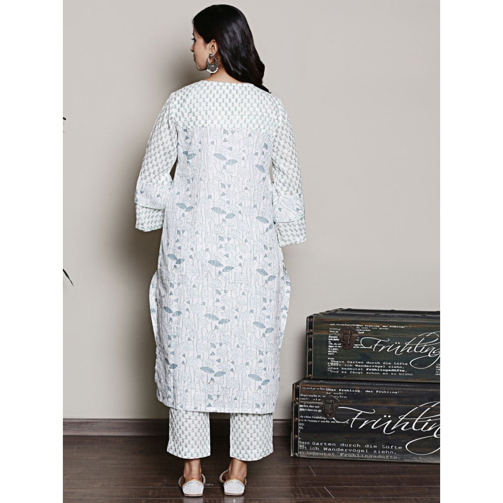 Spring Soul Floral Printed White Lurex Kurta with Pant (Set of 2)