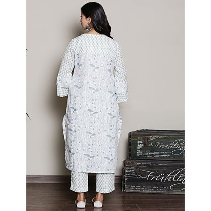 Spring Soul Floral Printed White Lurex Kurta with Pant (Set of 2)