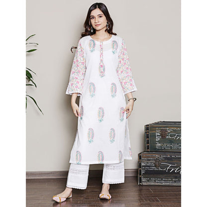 Spring Soul Mix-N-Match White-Pink Mughal Print Kurta with Pant (Set of 2)