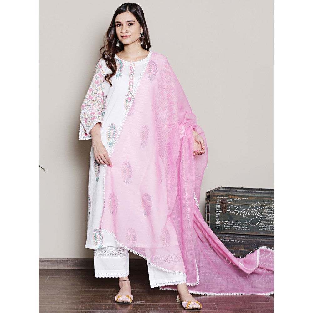 Spring Soul Mix-N-Match White-Pink Mughal Print Kurta and Pant with Dupatta (Set of 3)