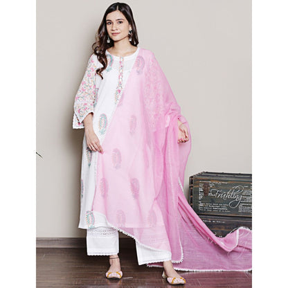 Spring Soul Mix-N-Match White-Pink Mughal Print Kurta and Pant with Dupatta (Set of 3)