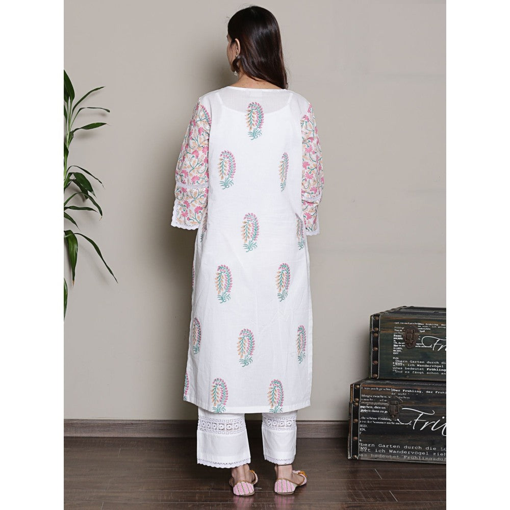 Spring Soul Mix-N-Match White-Pink Mughal Print Kurta and Pant with Dupatta (Set of 3)