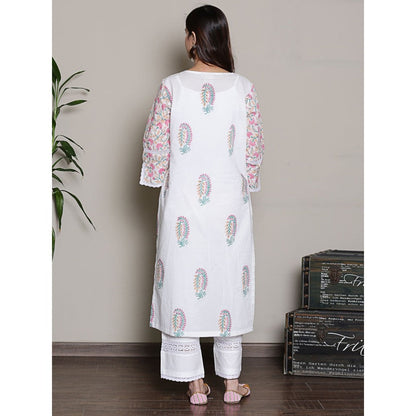 Spring Soul Mix-N-Match White-Pink Mughal Print Kurta and Pant with Dupatta (Set of 3)