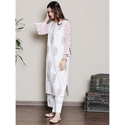 Spring Soul Mix-N-Match White-Pink Mughal Print Kurta and Pant with Dupatta (Set of 3)