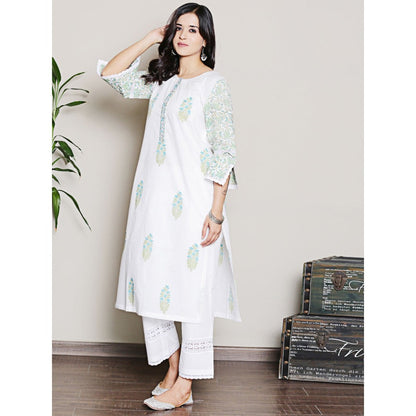 Spring Soul Mix-N-Match White-Blue Mughal Print Kurta with Pant (Set of 2)