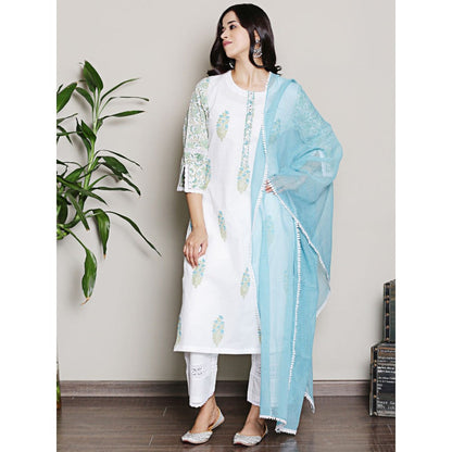 Spring Soul Mix-N-Match White-Blue Mughal Print Kurta and Pant with Dupatta (Set of 3)