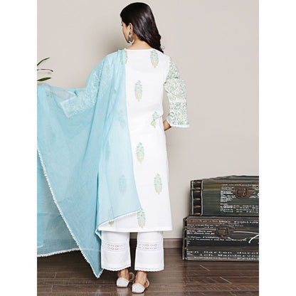 Spring Soul Mix-N-Match White-Blue Mughal Print Kurta and Pant with Dupatta (Set of 3)