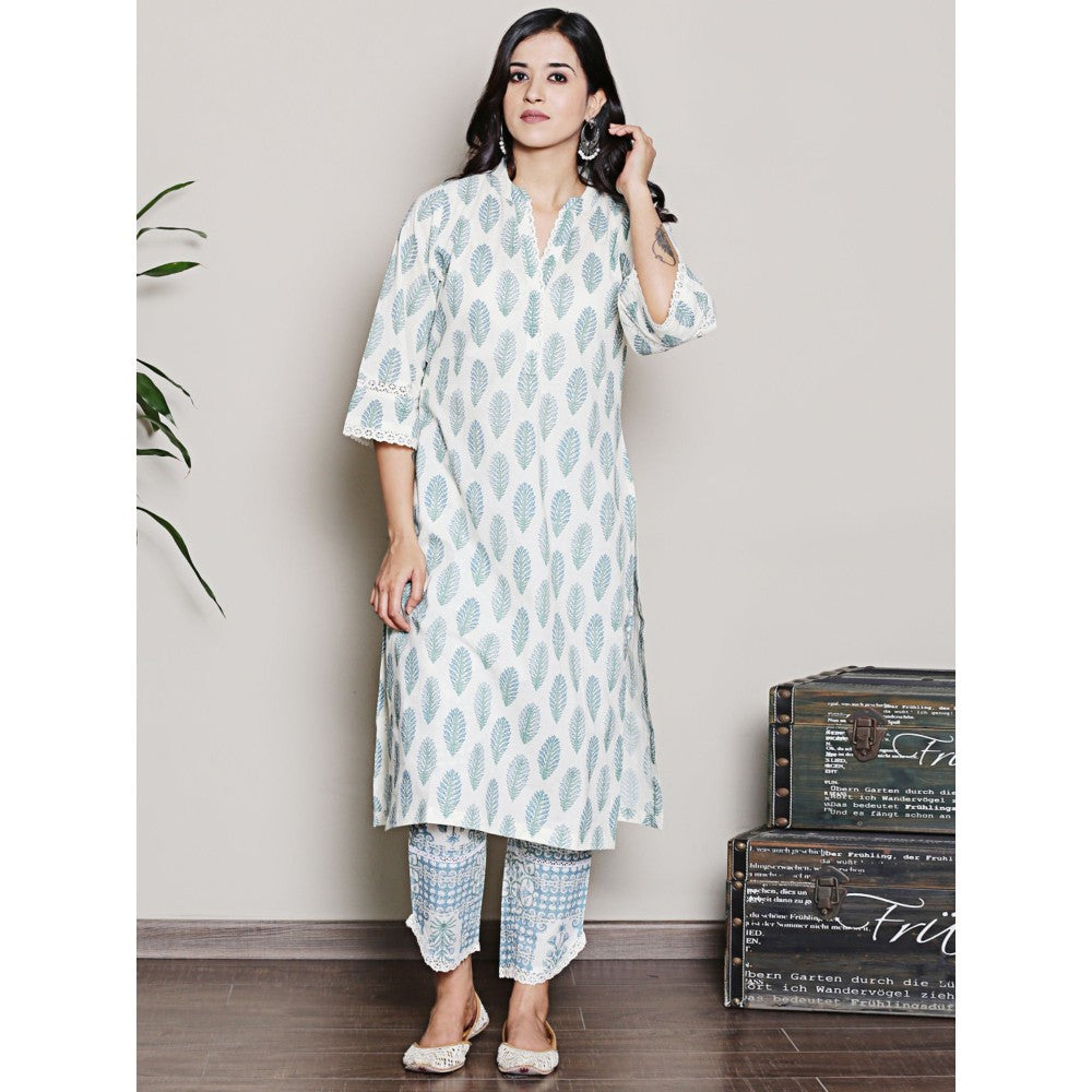 Spring Soul Block Printed White V Neck Kurta with Lace Detailing Pant (Set of 2)