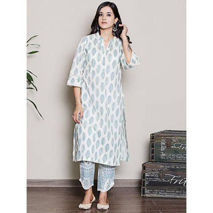 Spring Soul Block Printed White V Neck Kurta with Lace Detailing Pant (Set of 2)