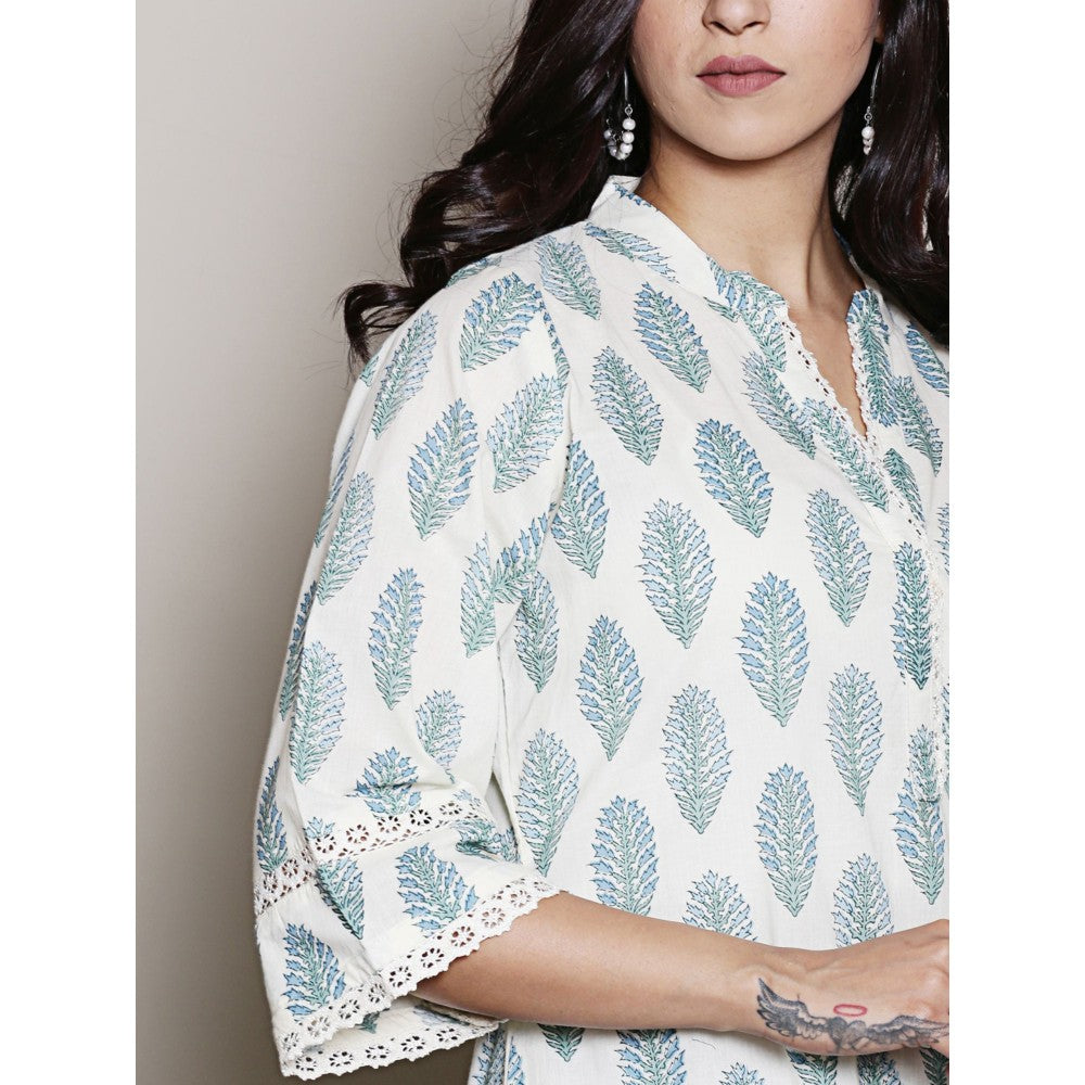 Spring Soul Block Printed White V Neck Kurta with Lace Detailing Pant (Set of 2)