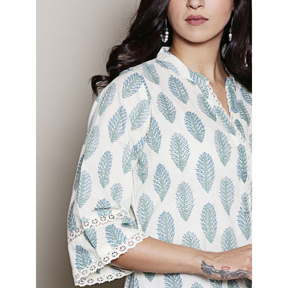 Spring Soul Block Printed White V Neck Kurta with Lace Detailing Pant (Set of 2)