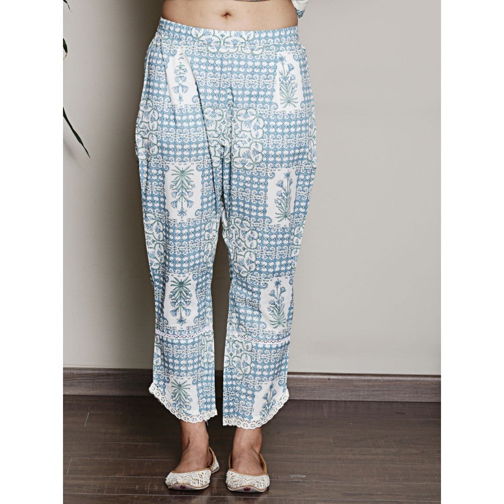 Spring Soul Block Printed White V Neck Kurta with Lace Detailing Pant (Set of 2)